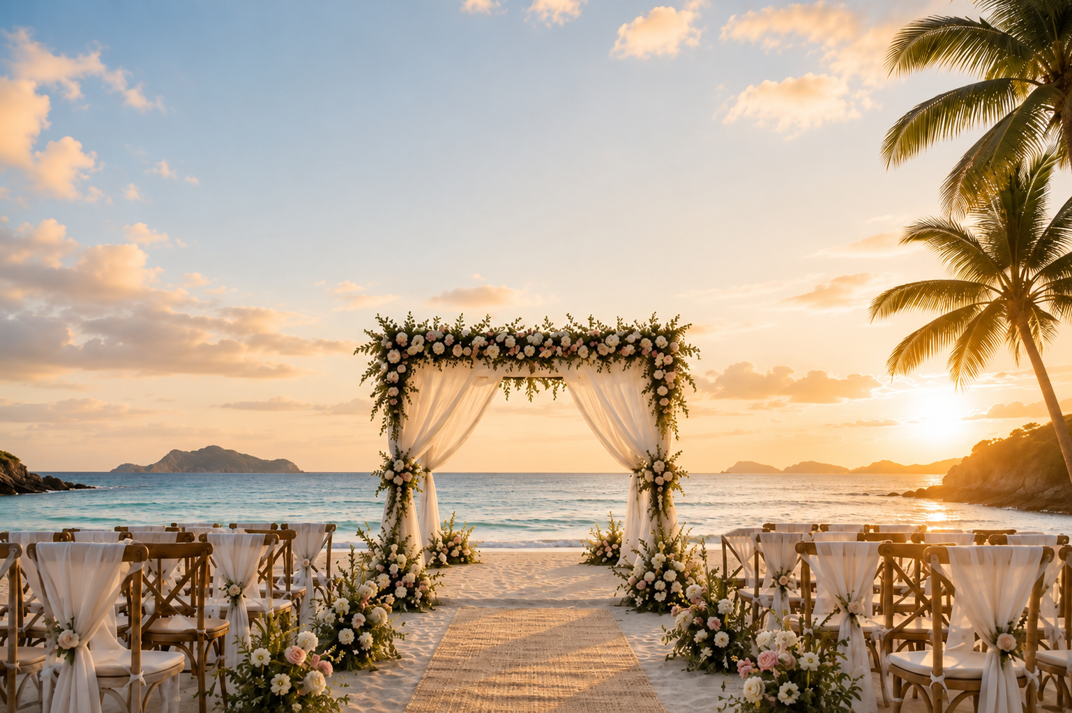 Beachside wedding mandap at sunset